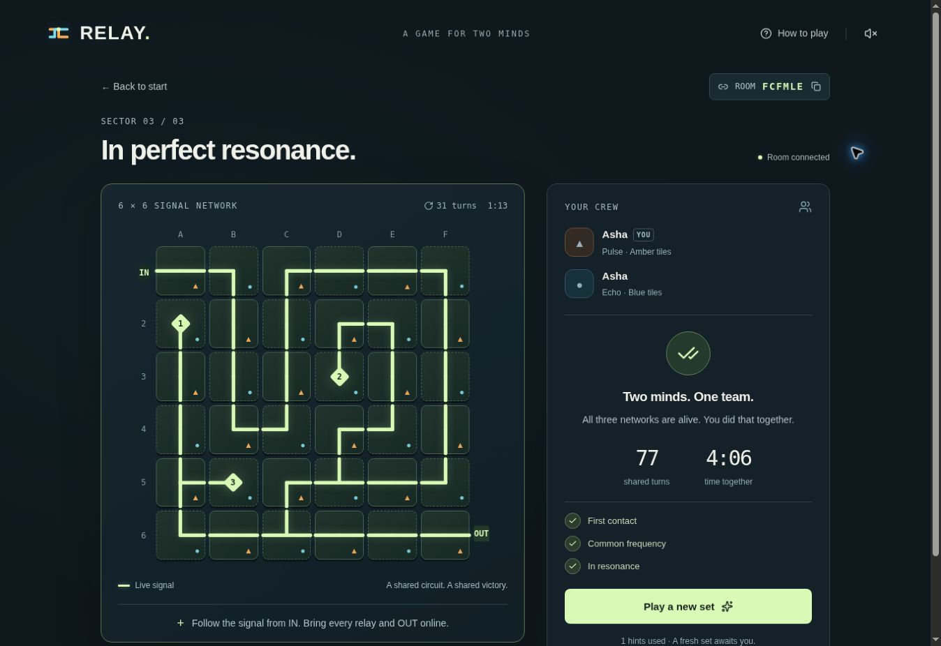 Relay playtest showing a completed mint circuit and both player controls